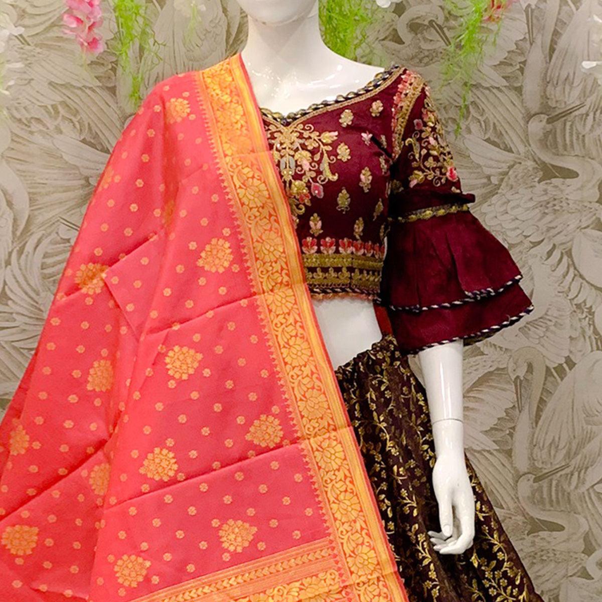 Elegant Maroon Colored Designer Wedding Wear Woven Banarasi Silk Lehenga Choli