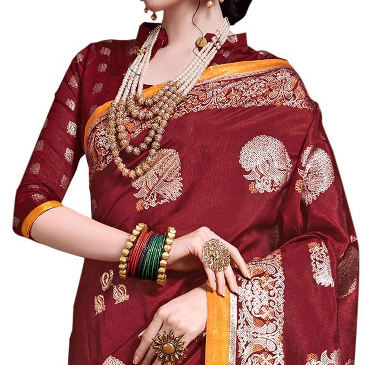 Elegant Maroon Colored Festive Wear Printed Art Silk Saree