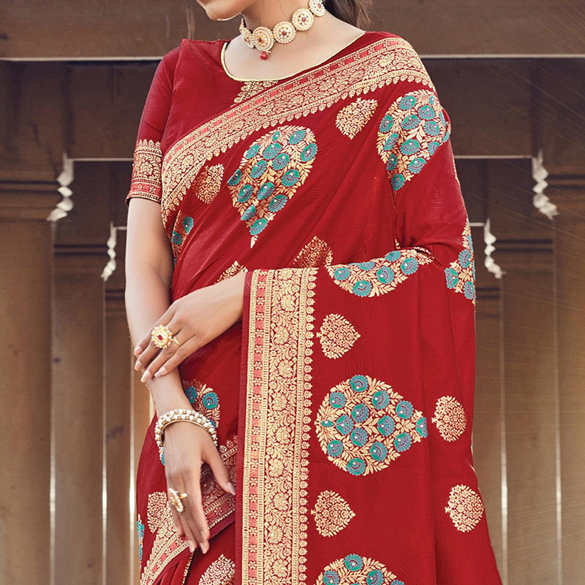 Elegant Maroon Colored Festive Wear Woven Silk Saree