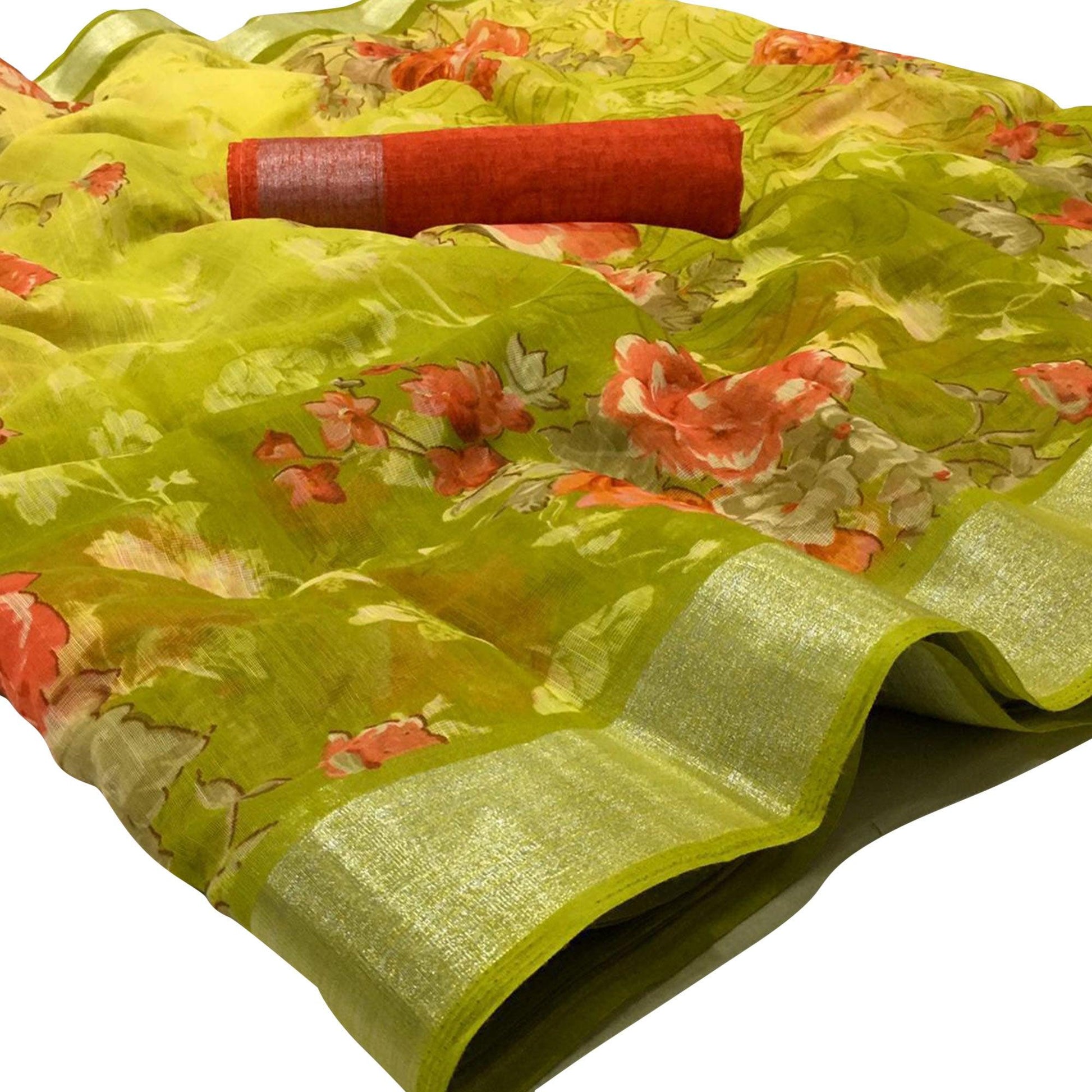Elegant Mehendi Green Colored Casual Wear Floral Printed Linen Saree