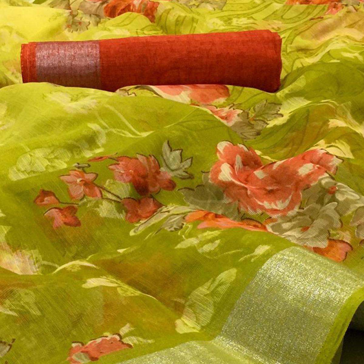 Elegant Mehendi Green Colored Casual Wear Floral Printed Linen Saree