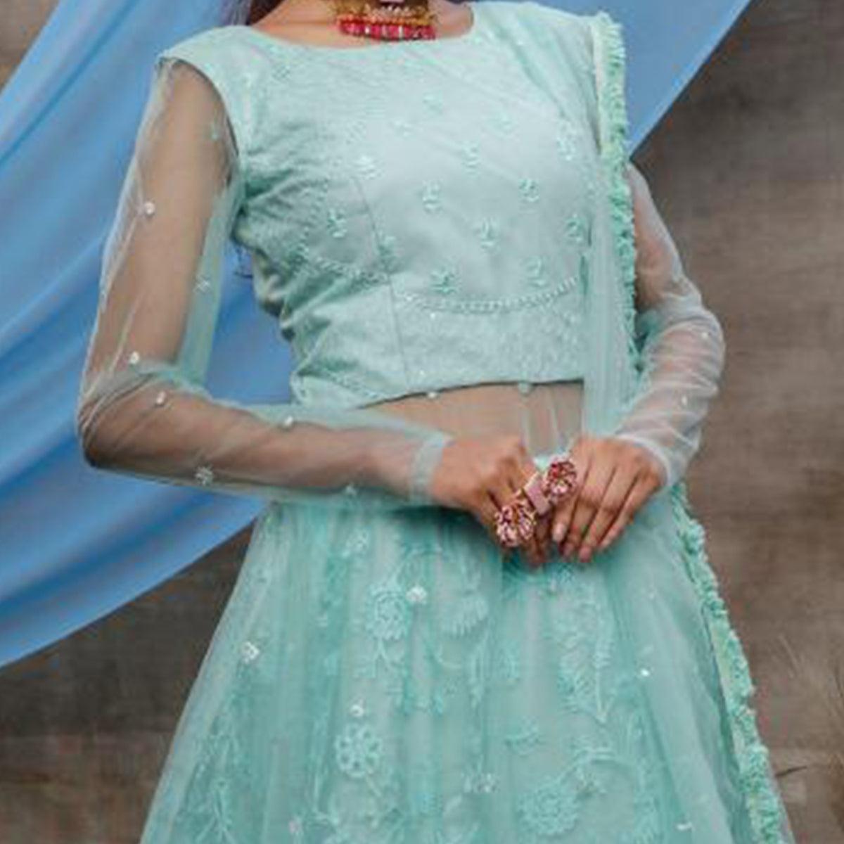 Elegant Mint Green Colored Party Wear Embroidered Net Lehenga Style Gown