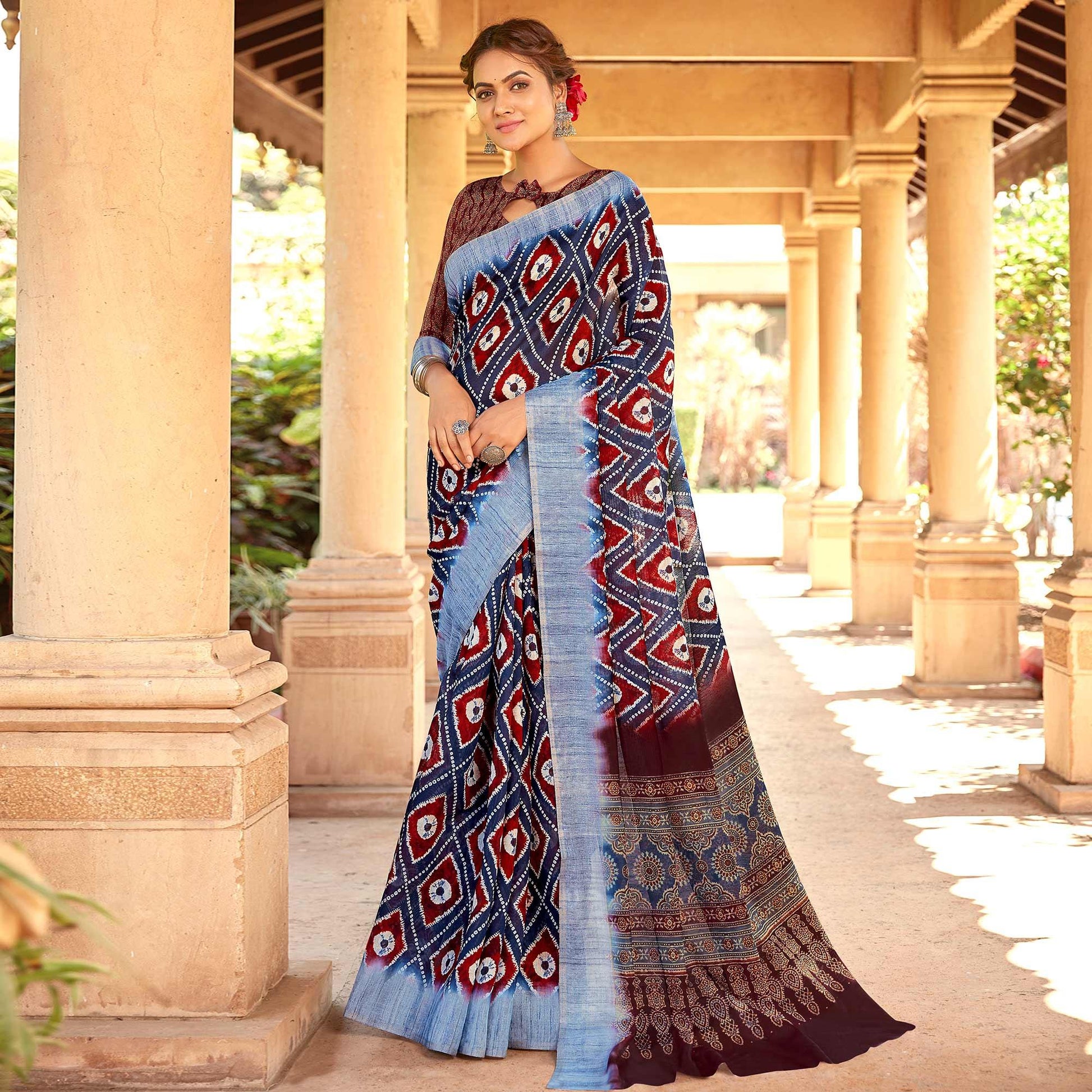Elegant Navy Blue Colored Digital Printed Festive Wear Linen Designer Saree