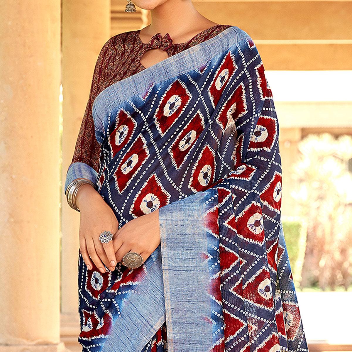 Elegant Navy Blue Colored Digital Printed Festive Wear Linen Designer Saree