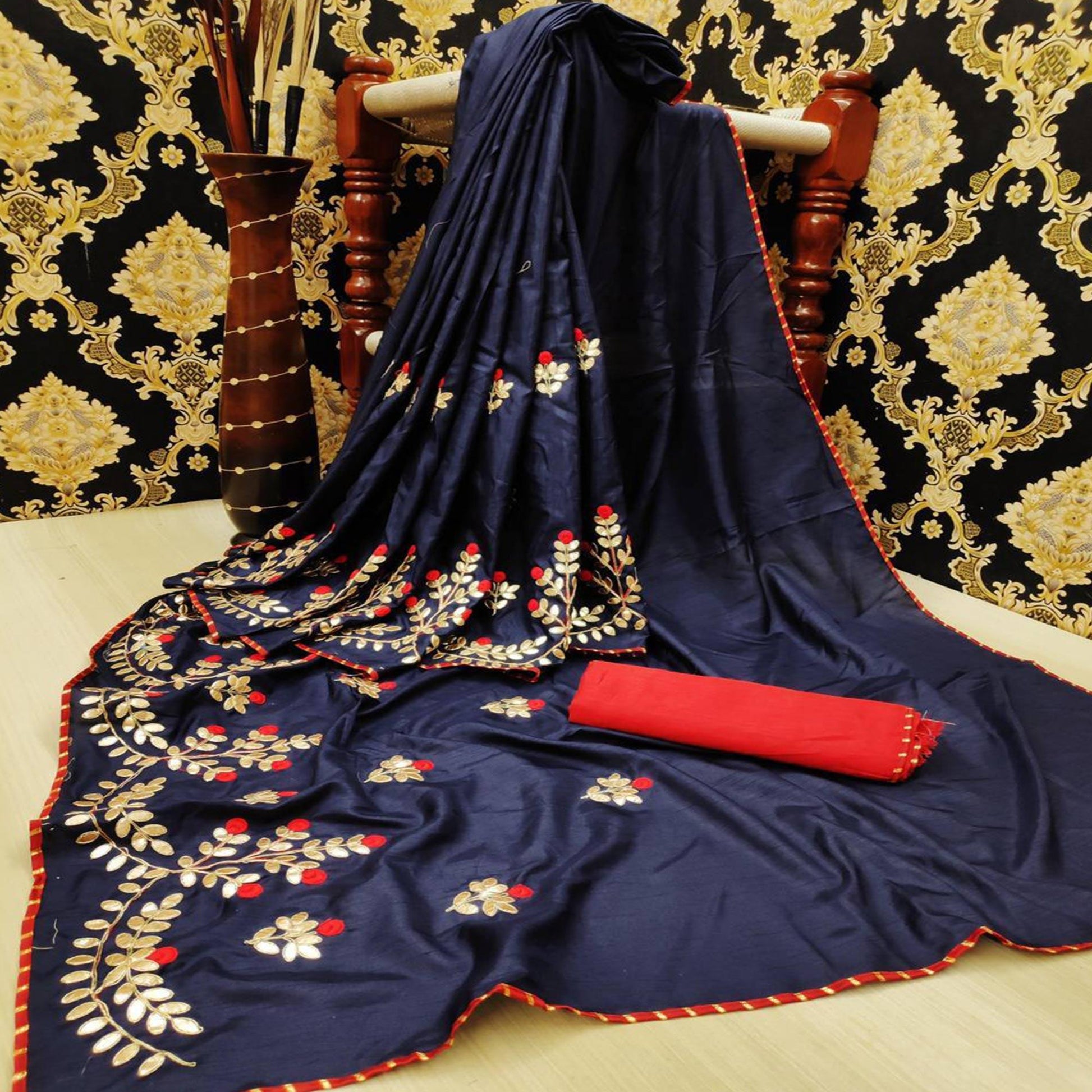 Elegant Navy Blue Colored Festive Wear Butta Work Dola Silk Saree