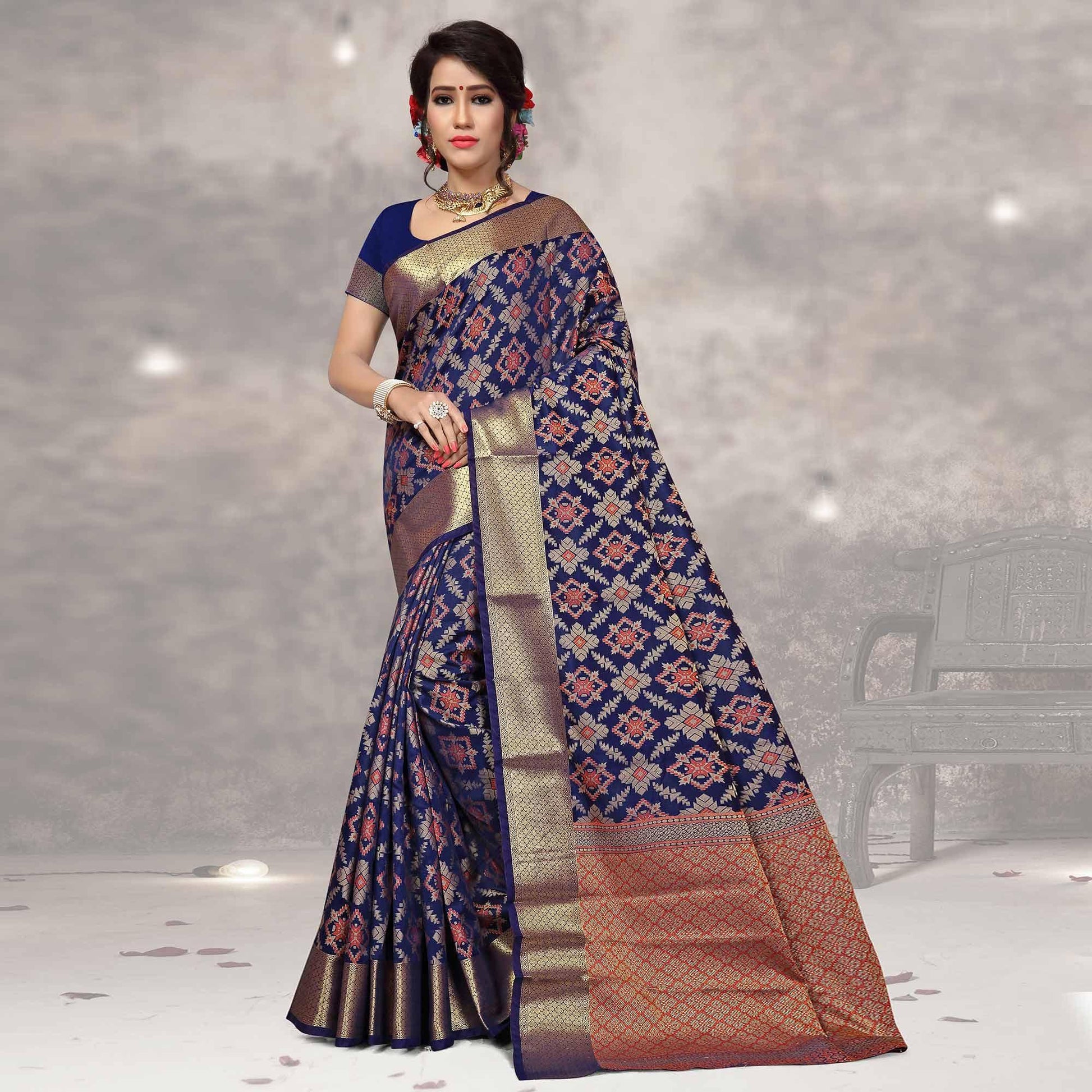Elegant Navy Blue Colored Festive Wear Woven Silk Saree