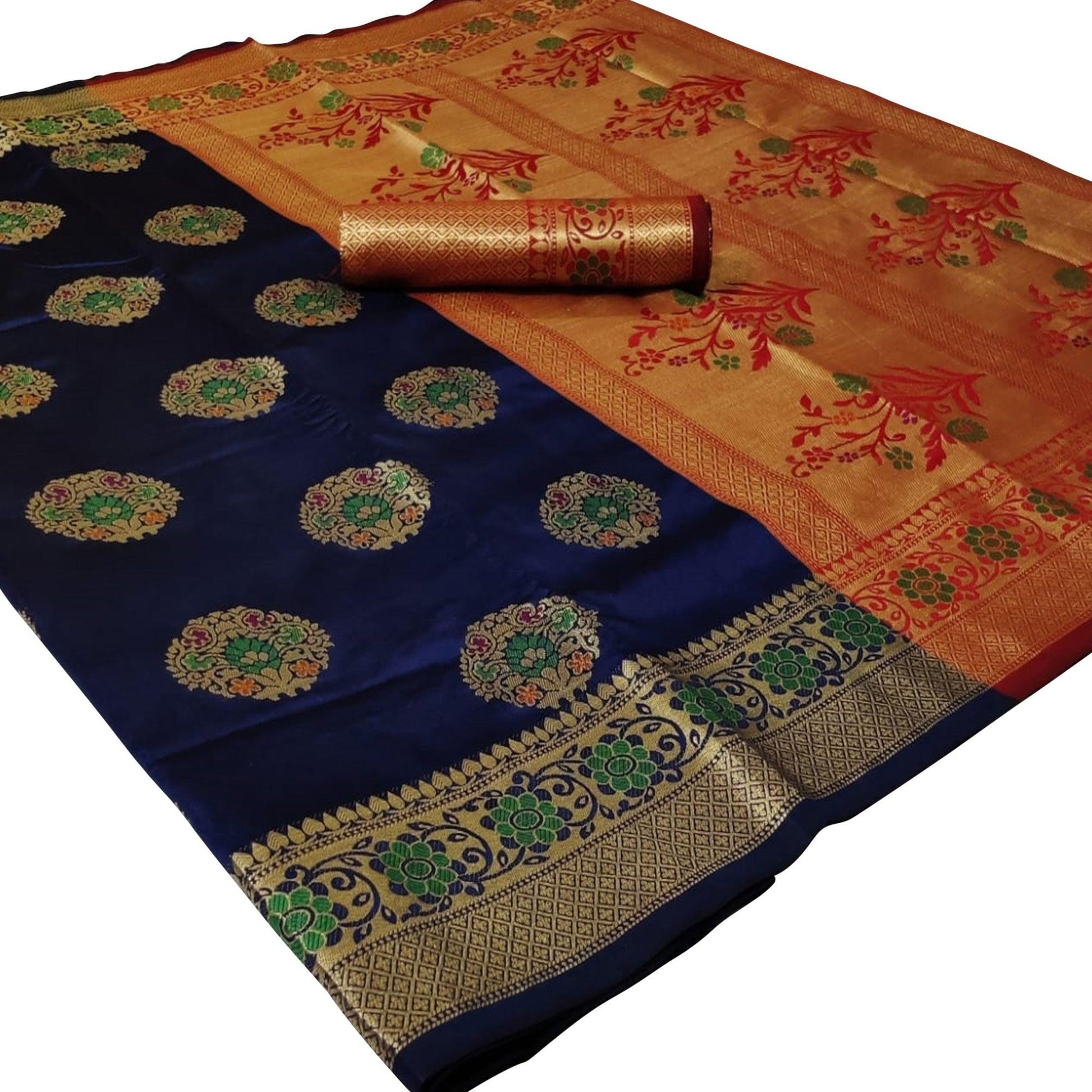 Elegant Navy Blue Colored Festive Wear Woven Silk Saree