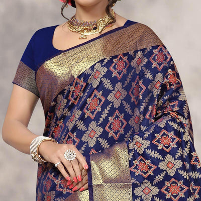 Elegant Navy Blue Colored Festive Wear Woven Silk Saree