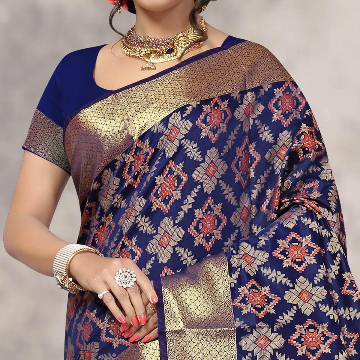 Elegant Navy Blue Colored Festive Wear Woven Silk Saree
