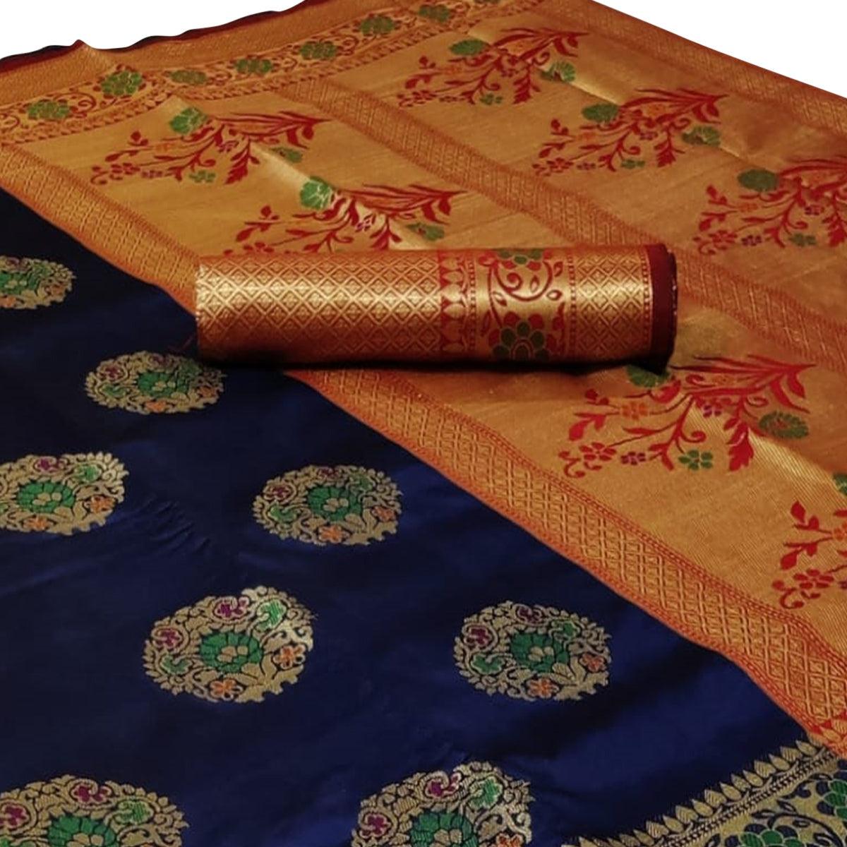 Elegant Navy Blue Colored Festive Wear Woven Silk Saree