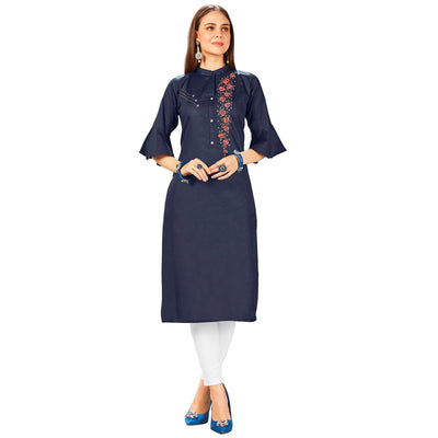 Elegant Navy Blue Colored Party Wear Embroidered Jam Cotton Silk Kurti
