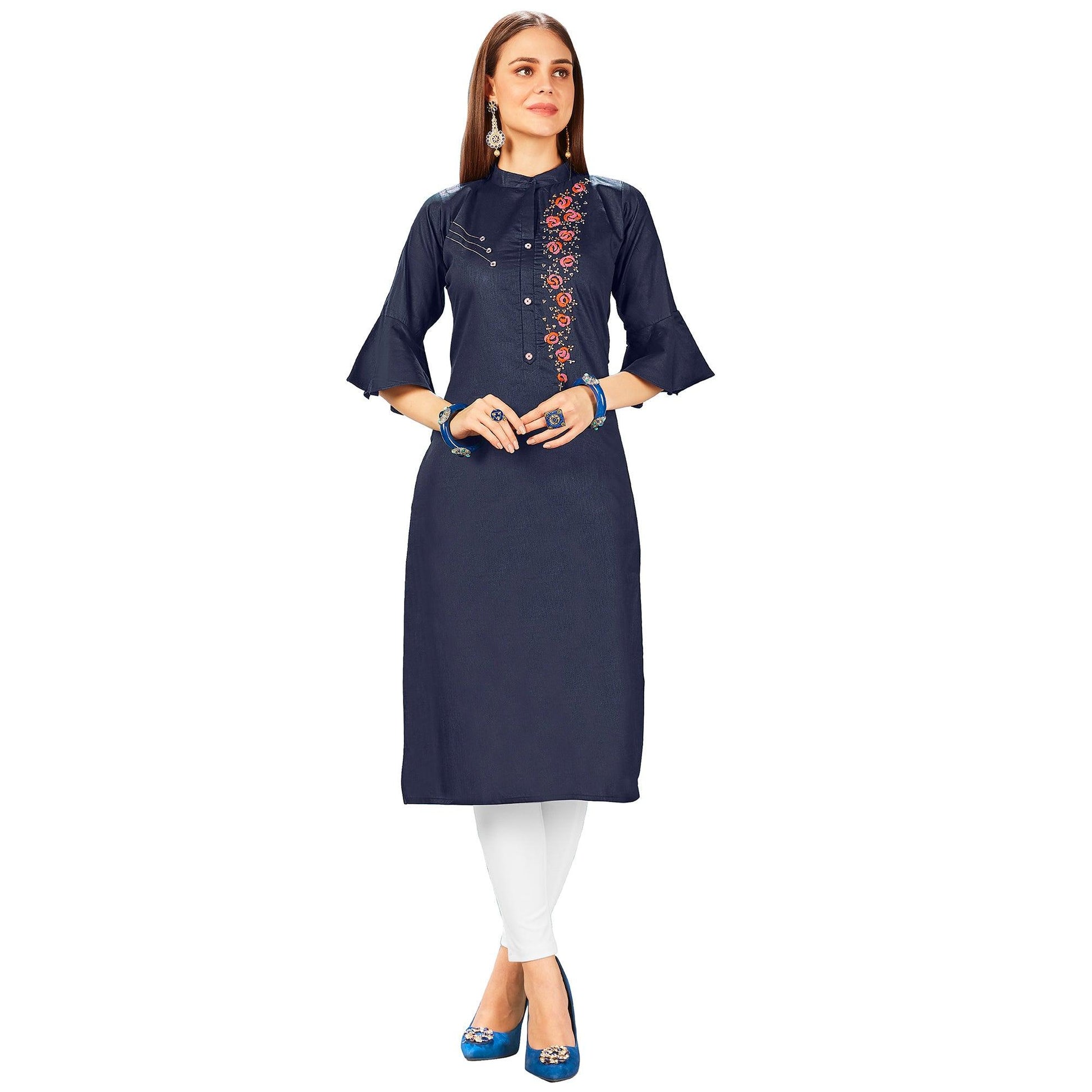 Elegant Navy Blue Colored Party Wear Embroidered Jam Cotton Silk Kurti