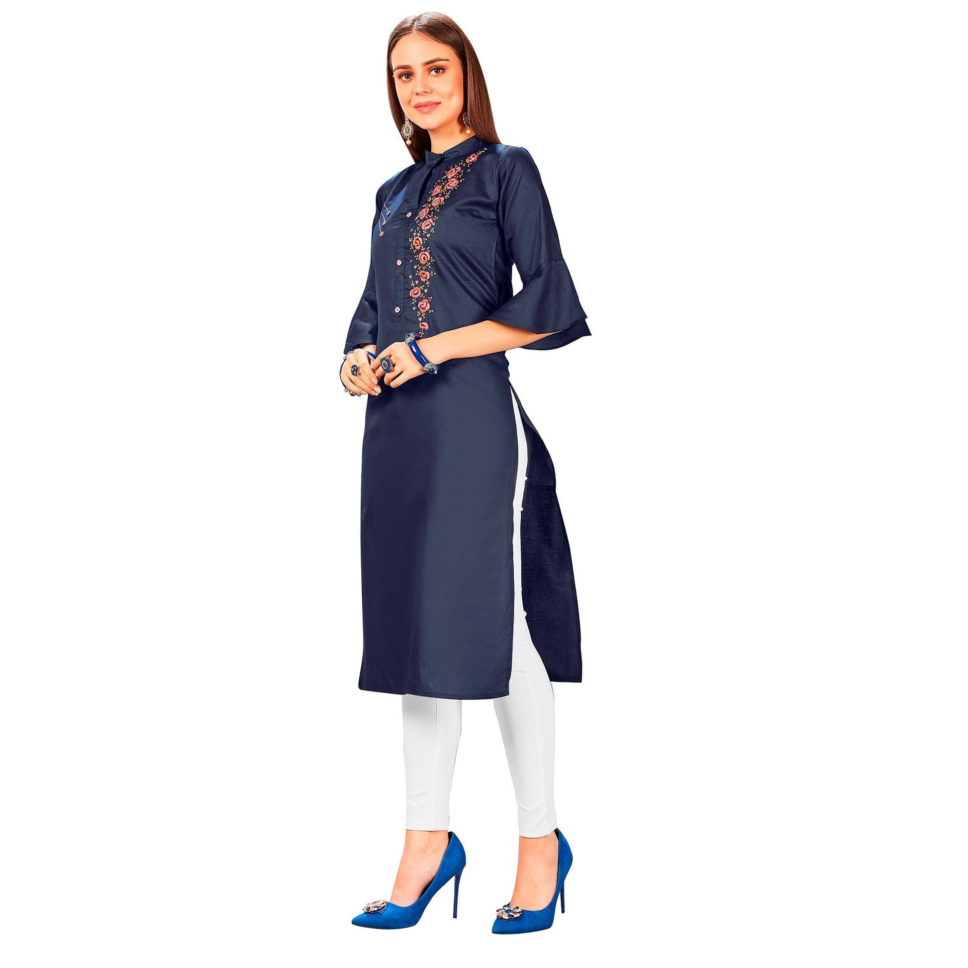 Elegant Navy Blue Colored Party Wear Embroidered Jam Cotton Silk Kurti