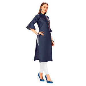 Elegant Navy Blue Colored Party Wear Embroidered Jam Cotton Silk Kurti