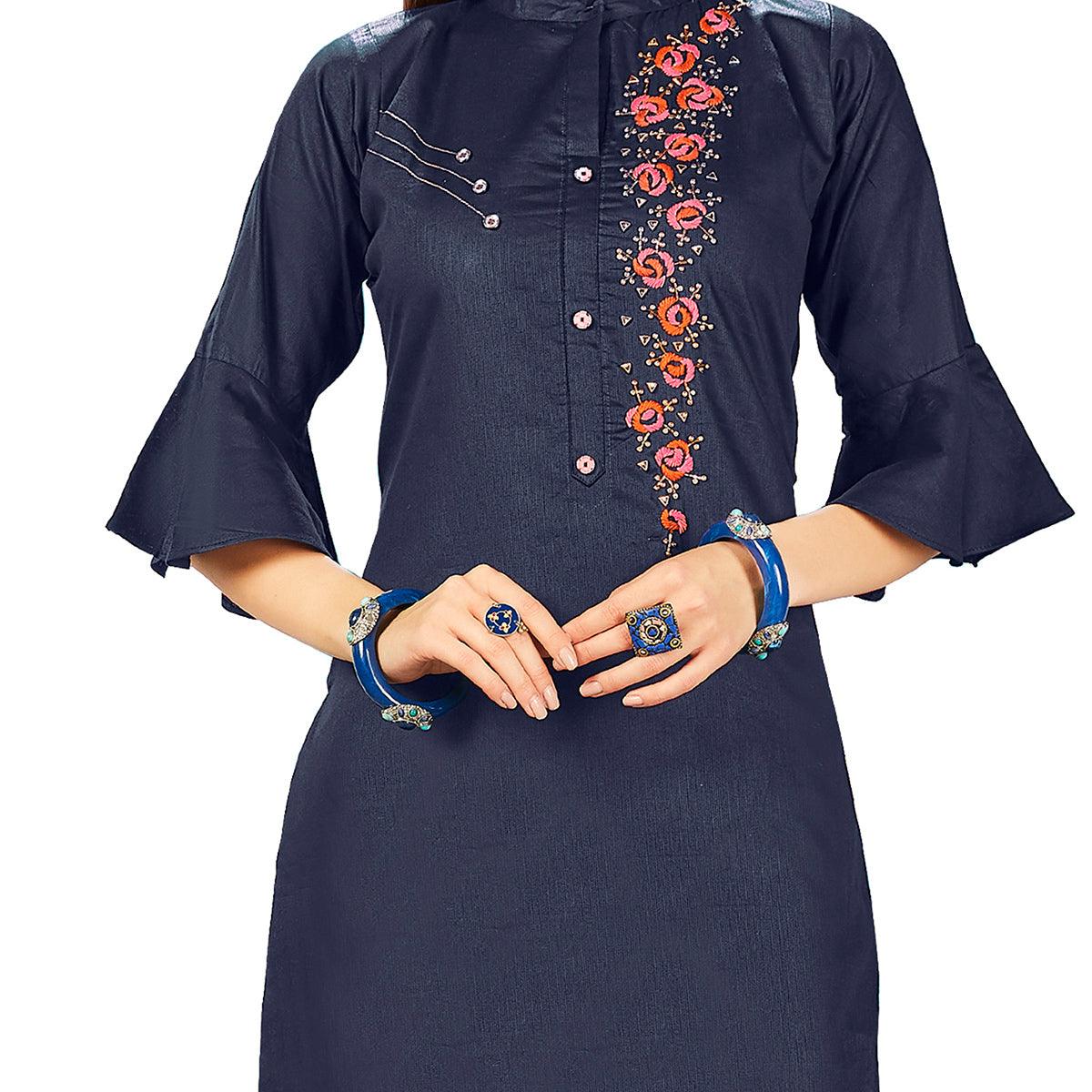 Elegant Navy Blue Colored Party Wear Embroidered Jam Cotton Silk Kurti