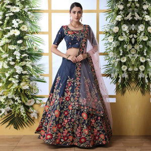 Elegant Navy Blue Colored Party Wear Floral Embroidered Art Silk Lehenga Choli