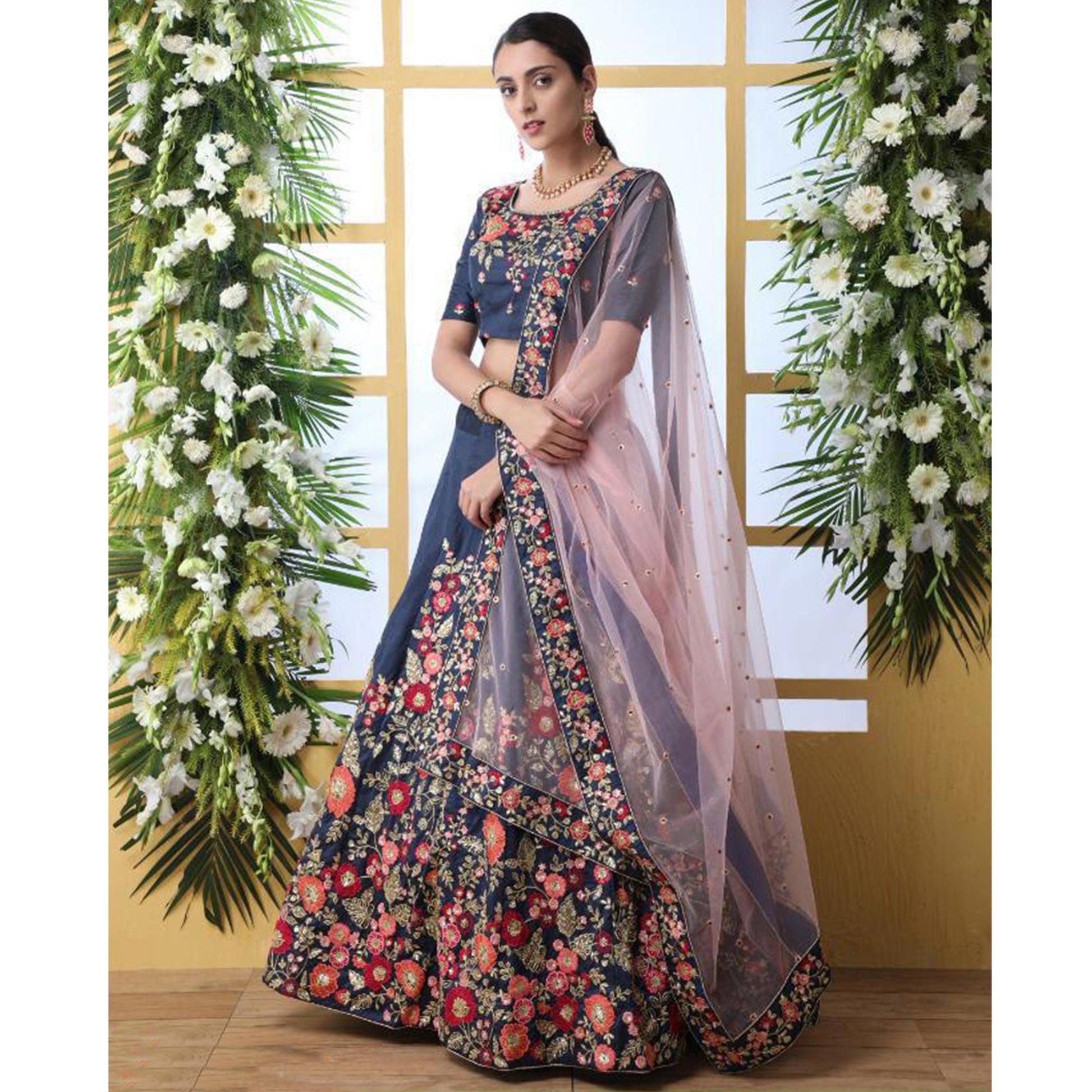 Elegant Navy Blue Colored Party Wear Floral Embroidered Art Silk Lehenga Choli
