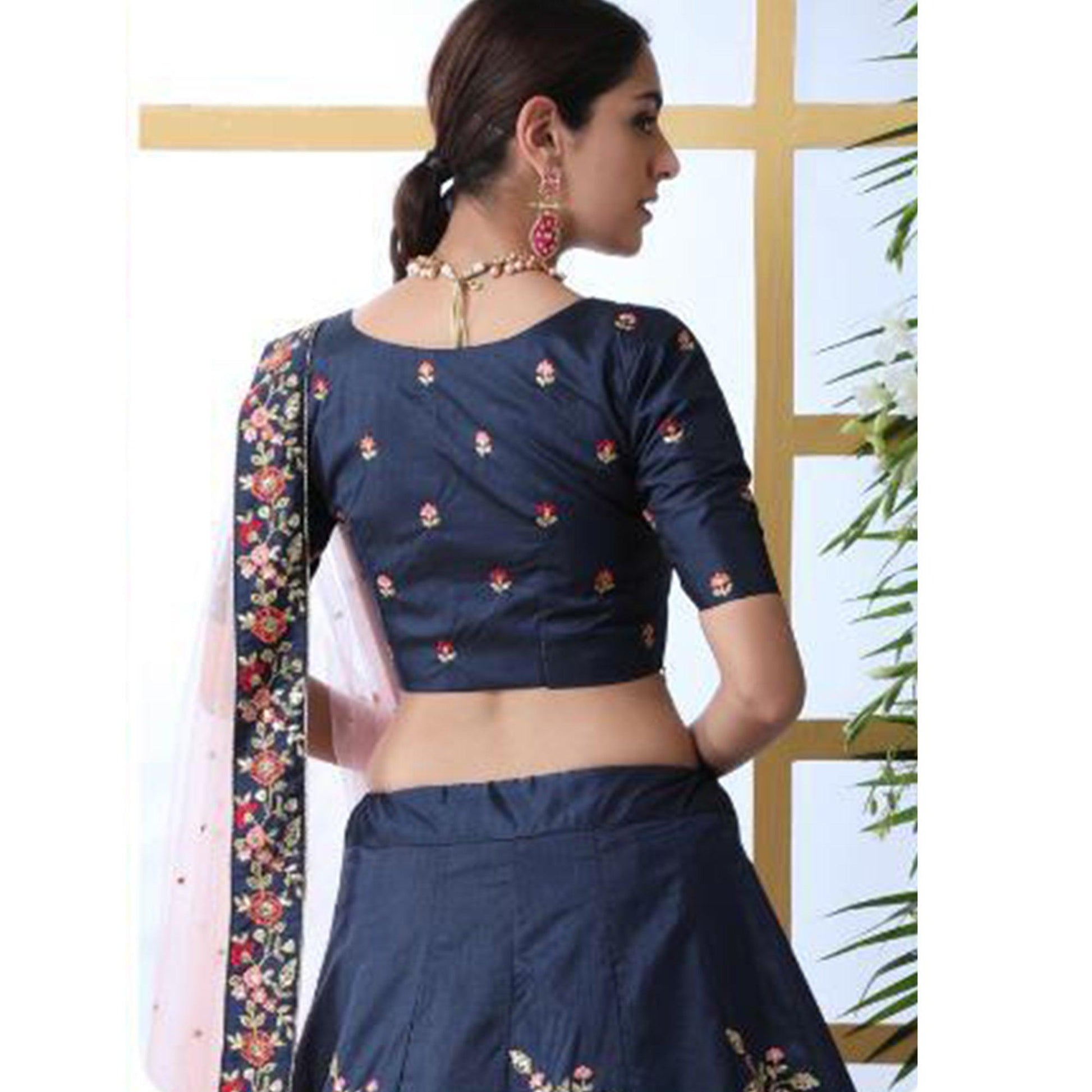 Elegant Navy Blue Colored Party Wear Floral Embroidered Art Silk Lehenga Choli