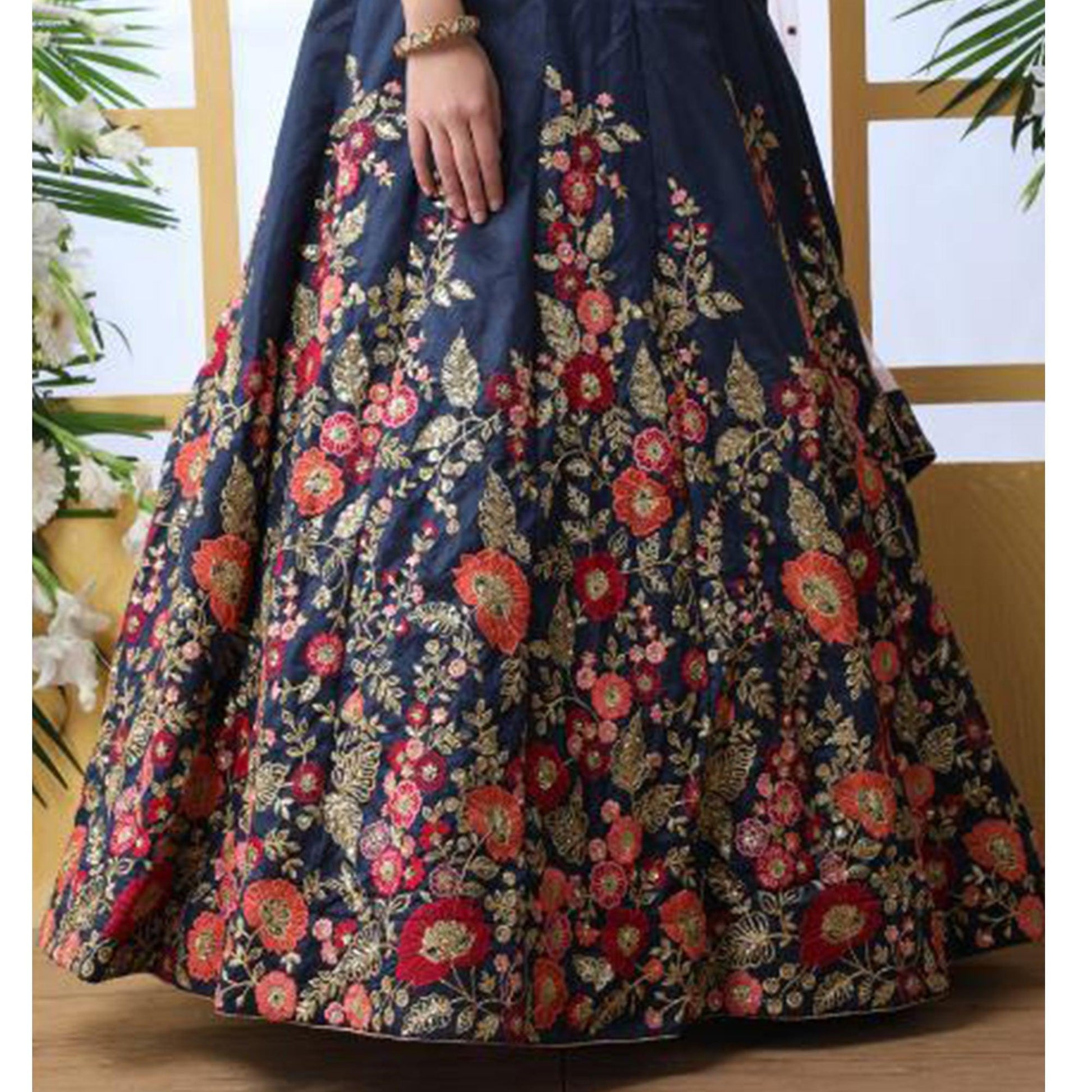 Elegant Navy Blue Colored Party Wear Floral Embroidered Art Silk Lehenga Choli