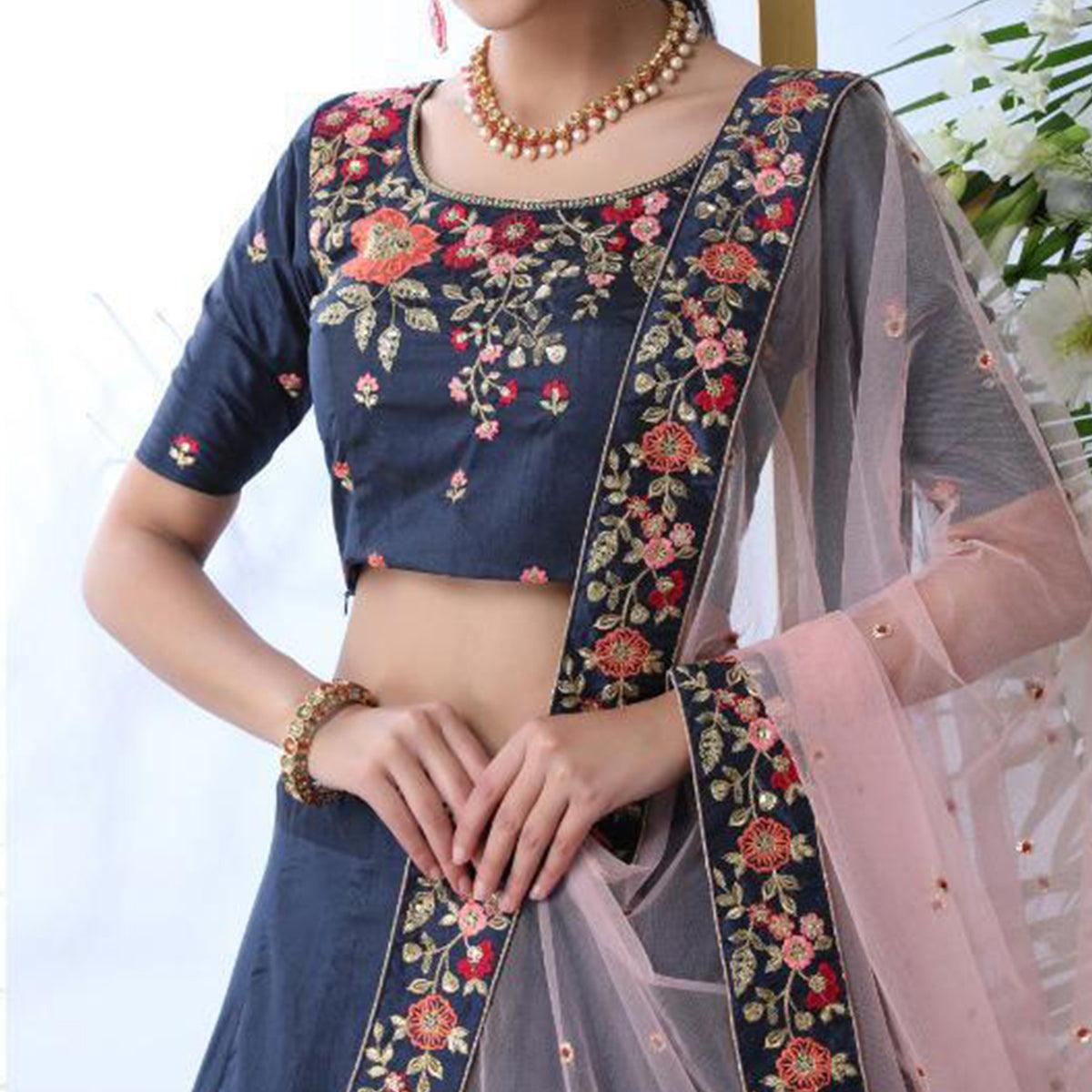 Elegant Navy Blue Colored Party Wear Floral Embroidered Art Silk Lehenga Choli
