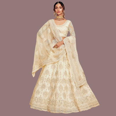 Elegant Off White Coloured Wedding Wear Cording Embroidered Net Lehenga Choli