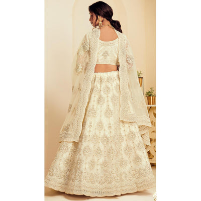 Elegant Off White Coloured Wedding Wear Cording Embroidered Net Lehenga Choli