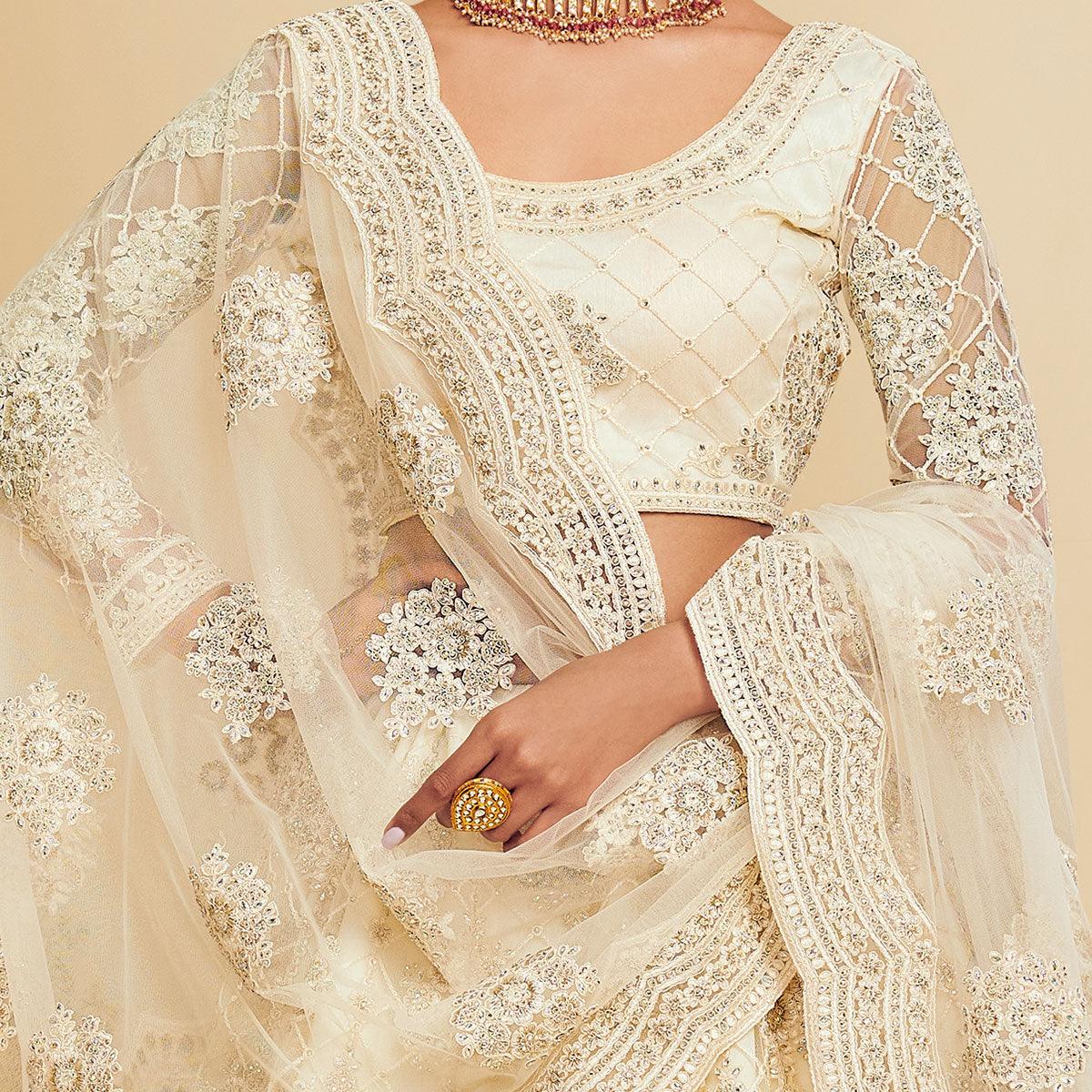 Elegant Off White Coloured Wedding Wear Cording Embroidered Net Lehenga Choli