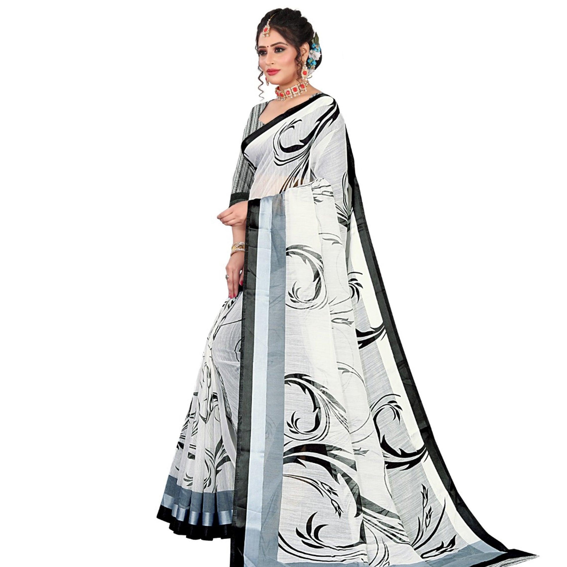 Elegant Offwhite Colored Casual Wear Printed Cotton Saree