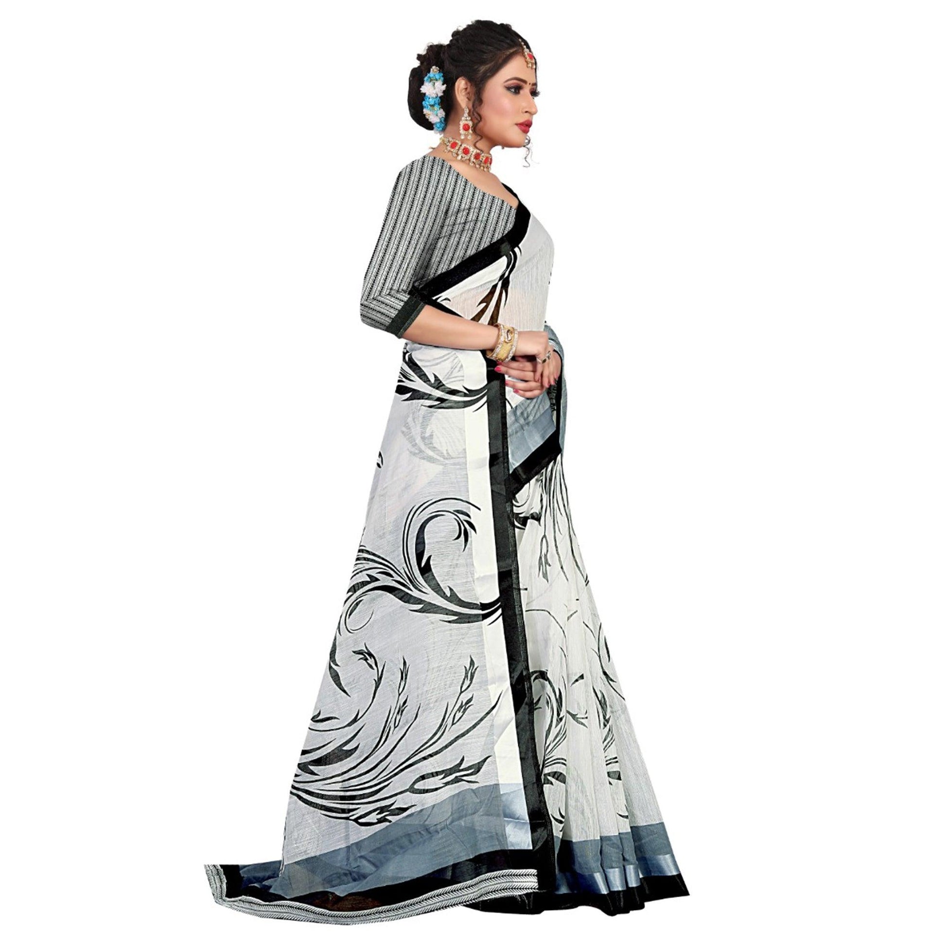 Elegant Offwhite Colored Casual Wear Printed Cotton Saree