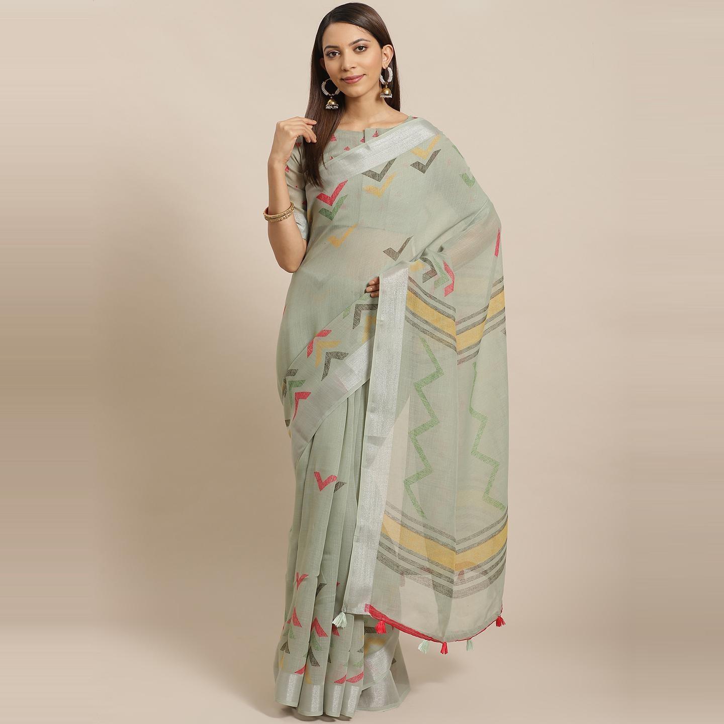 Elegant Olive Colored Casual Wear Printed Linen Saree