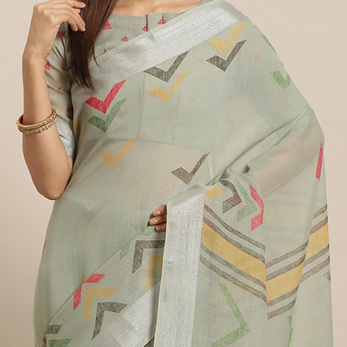 Elegant Olive Colored Casual Wear Printed Linen Saree