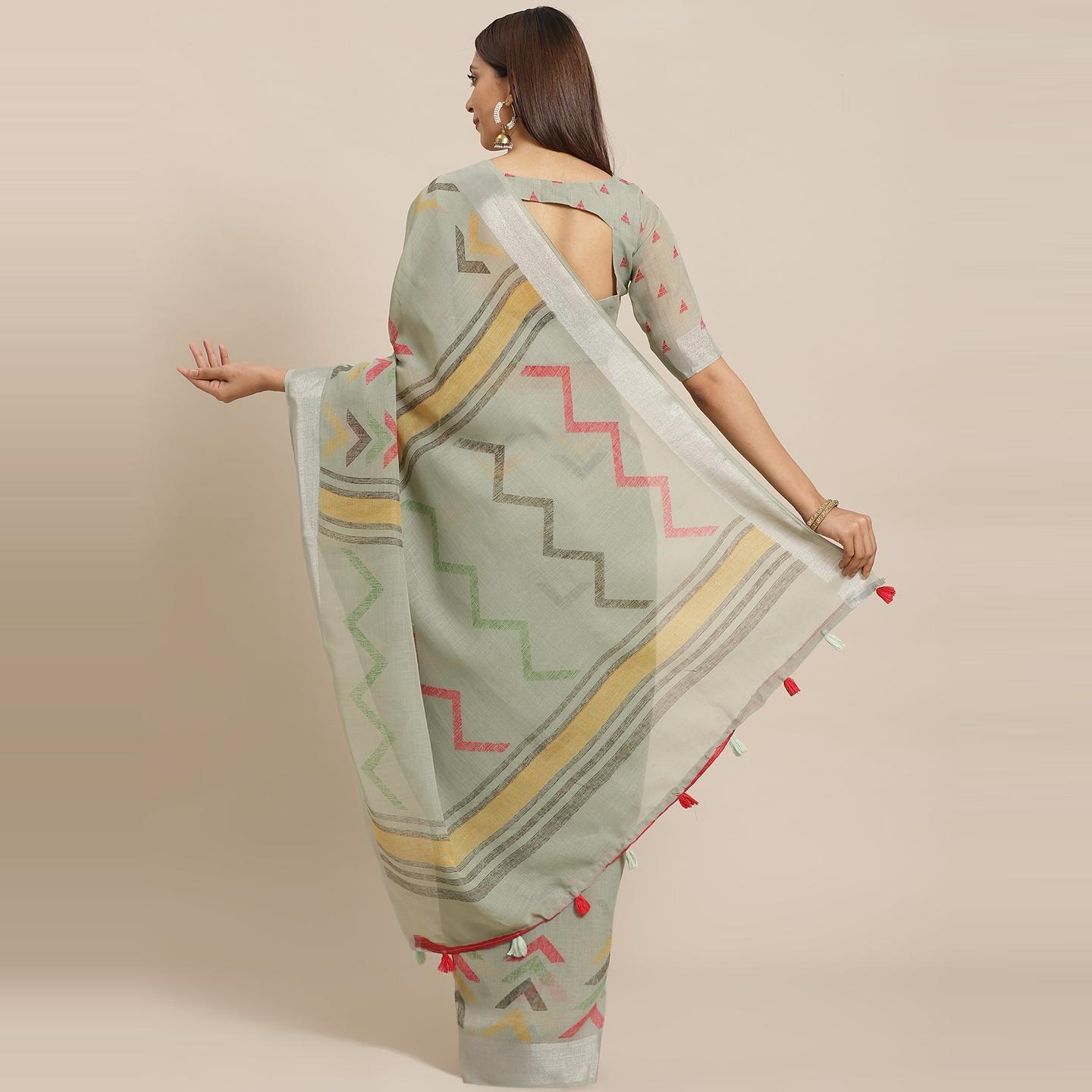Elegant Olive Colored Casual Wear Printed Linen Saree