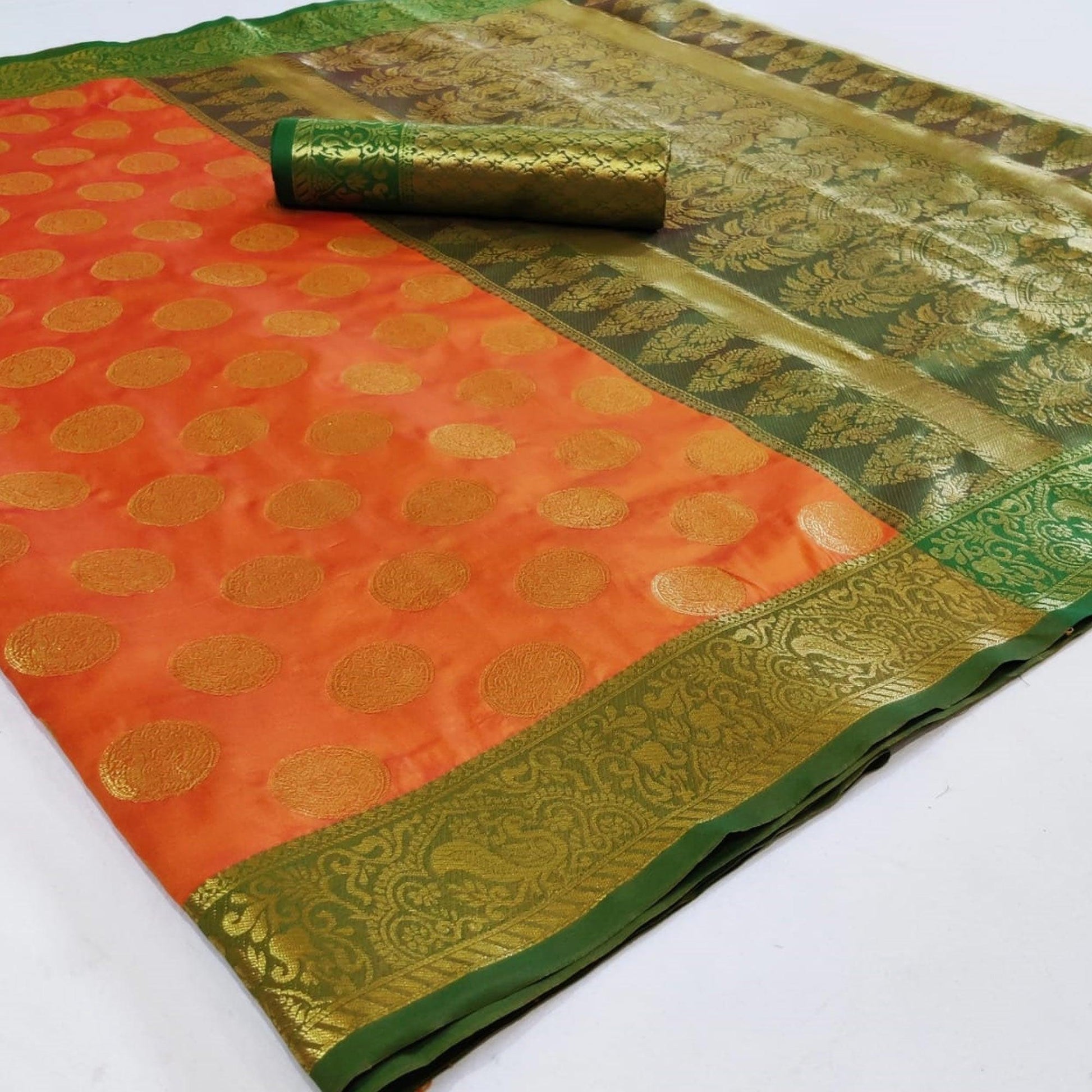 Elegant Orange Colored Festive Wear Woven Heavy Silk Saree