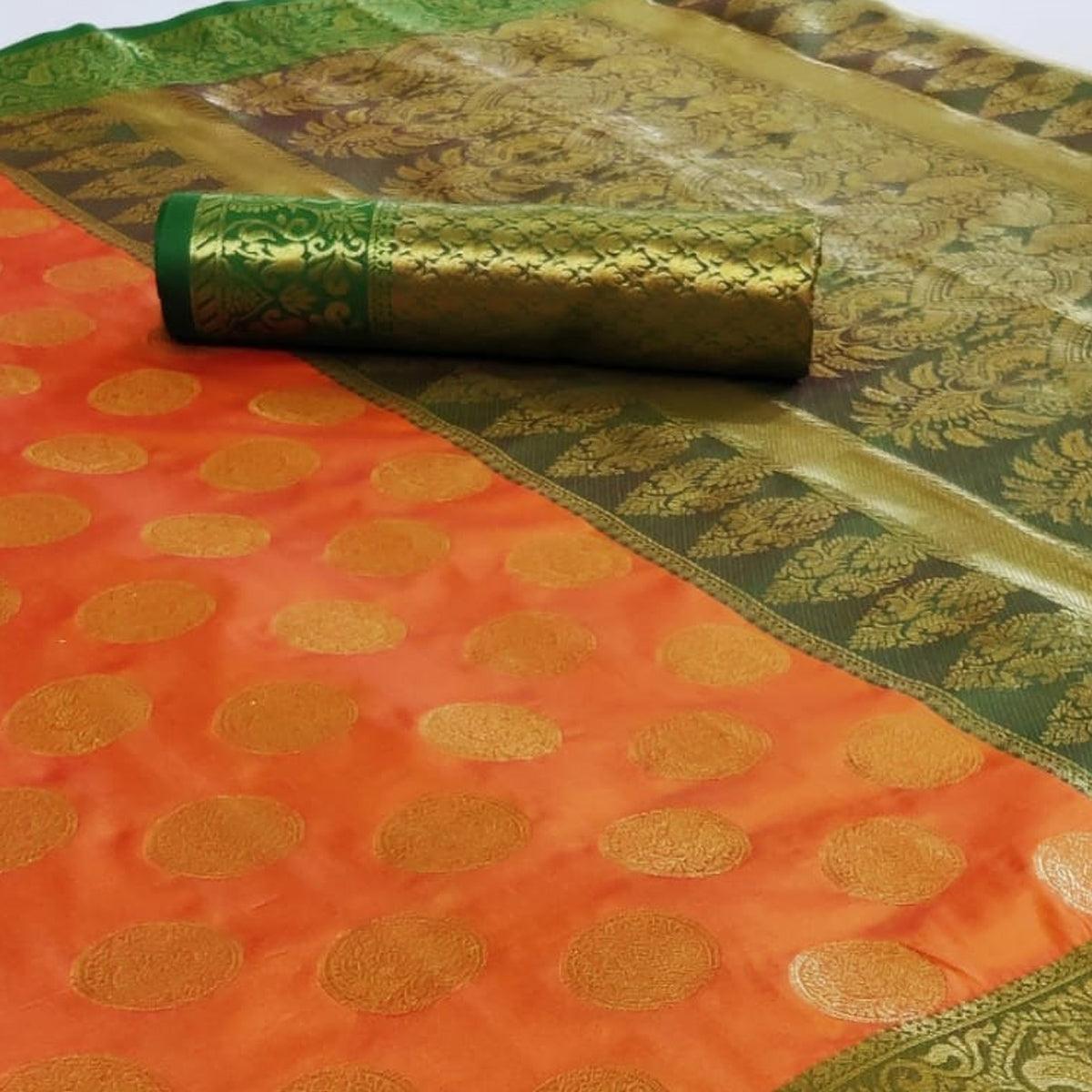 Elegant Orange Colored Festive Wear Woven Heavy Silk Saree