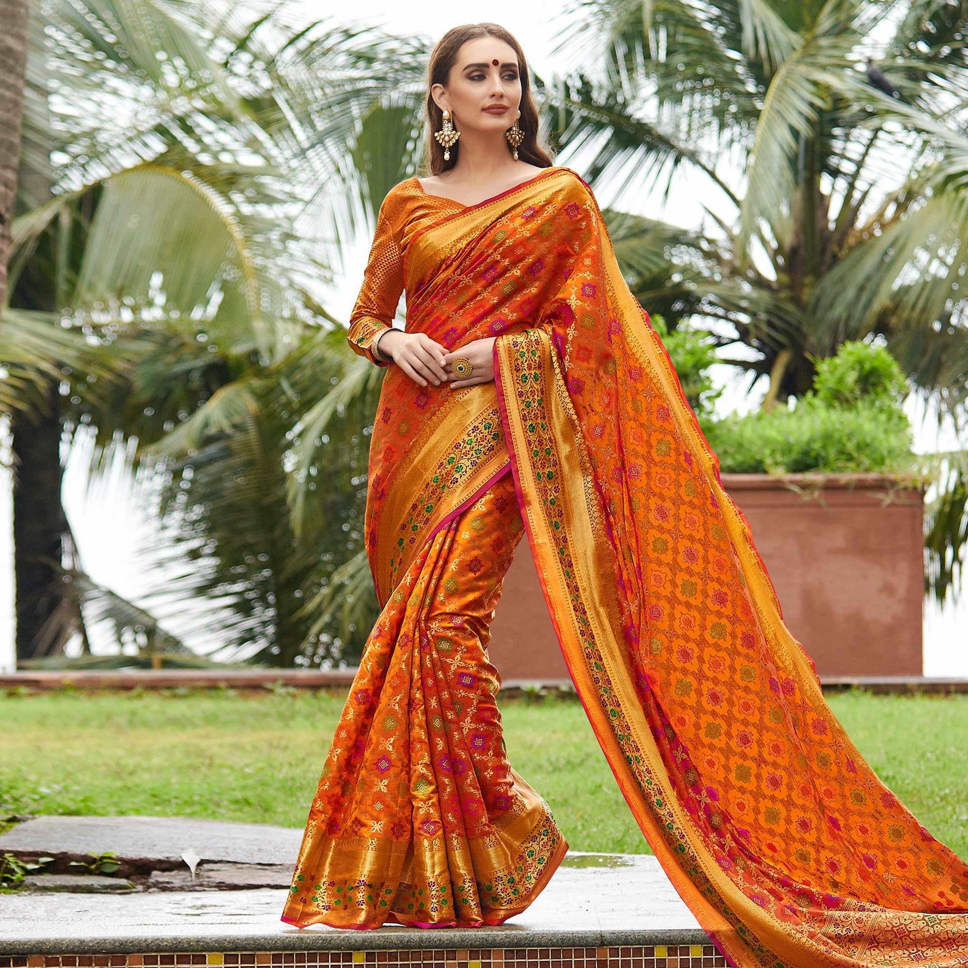 Elegant Orange Colored Festive Wear Woven Silk Saree