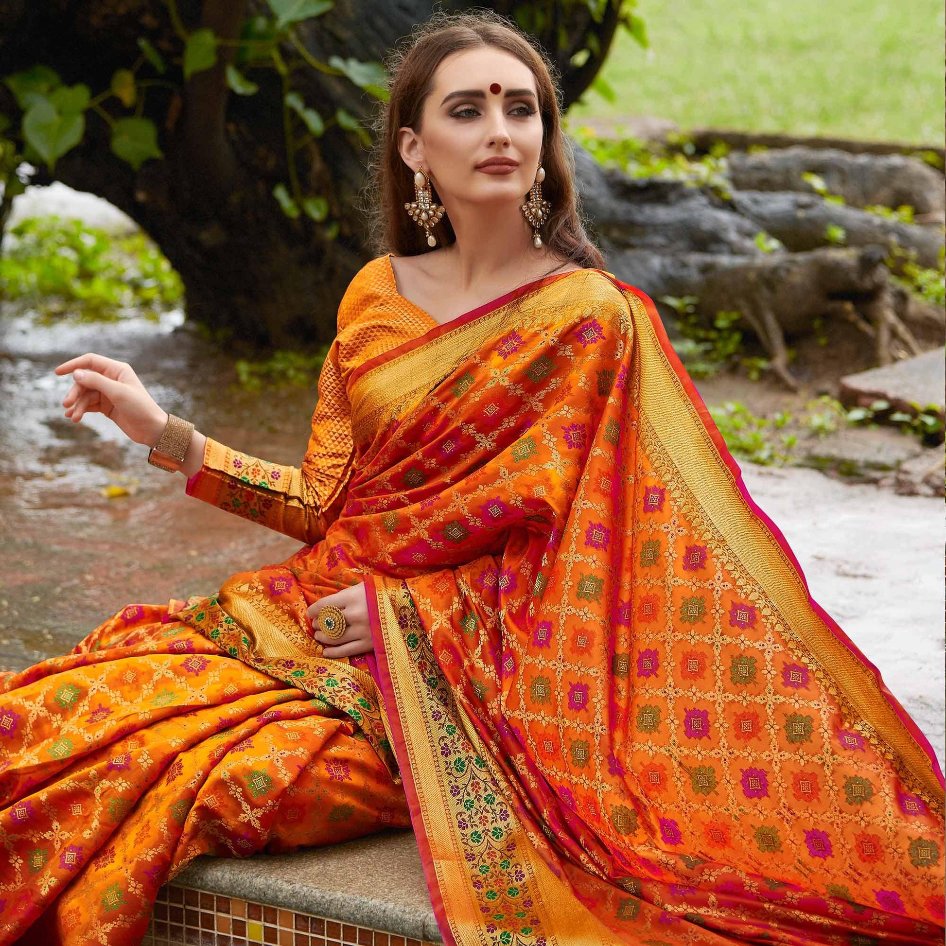 Elegant Orange Colored Festive Wear Woven Silk Saree