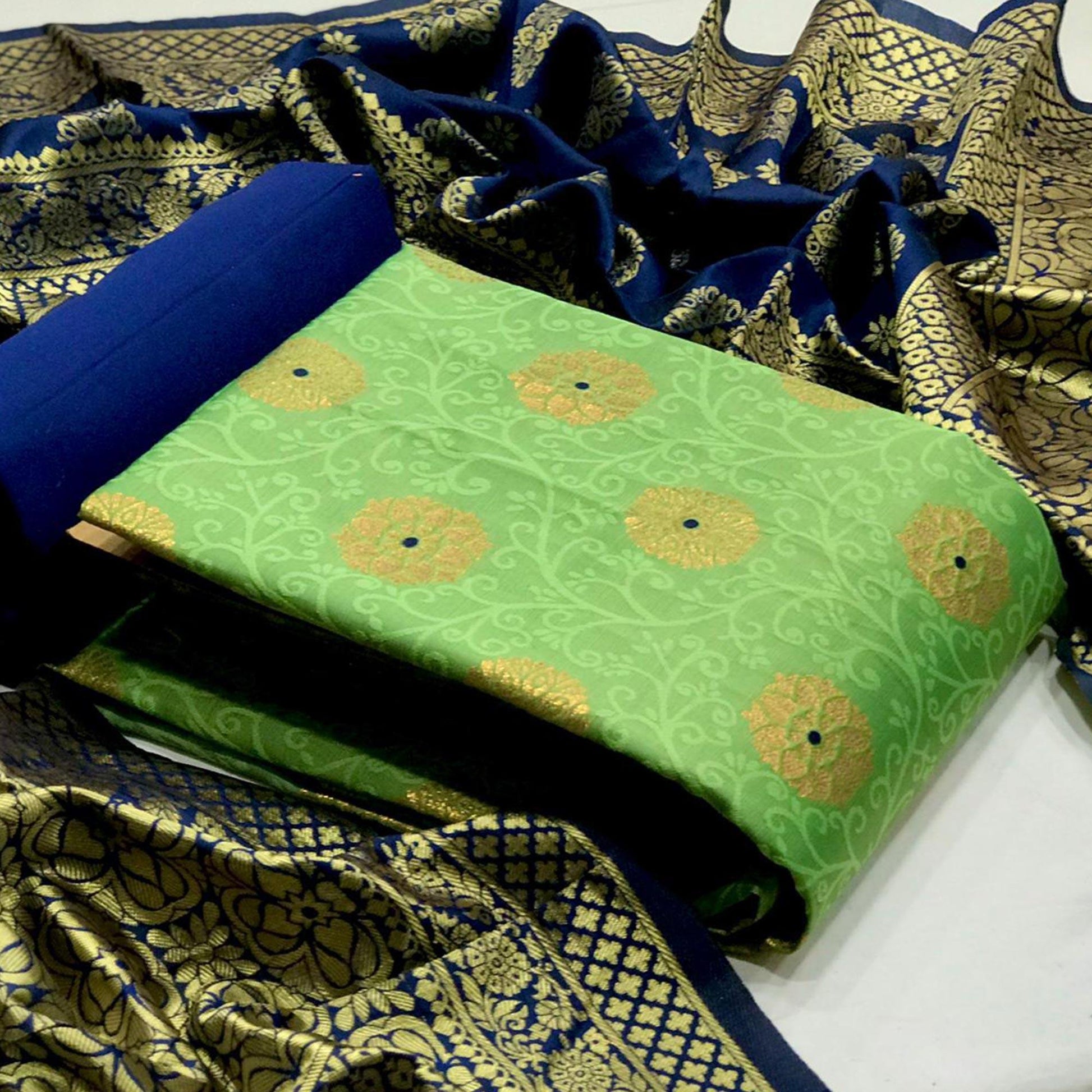 Elegant Parrot Green Colored Casual Woven Banarasi Silk Dress Material