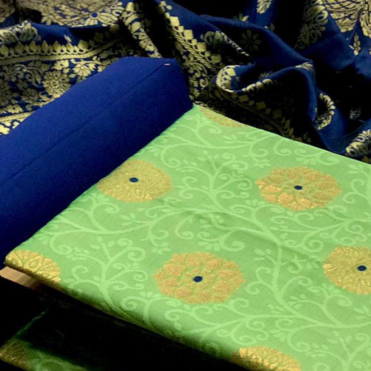 Elegant Parrot Green Colored Casual Woven Banarasi Silk Dress Material