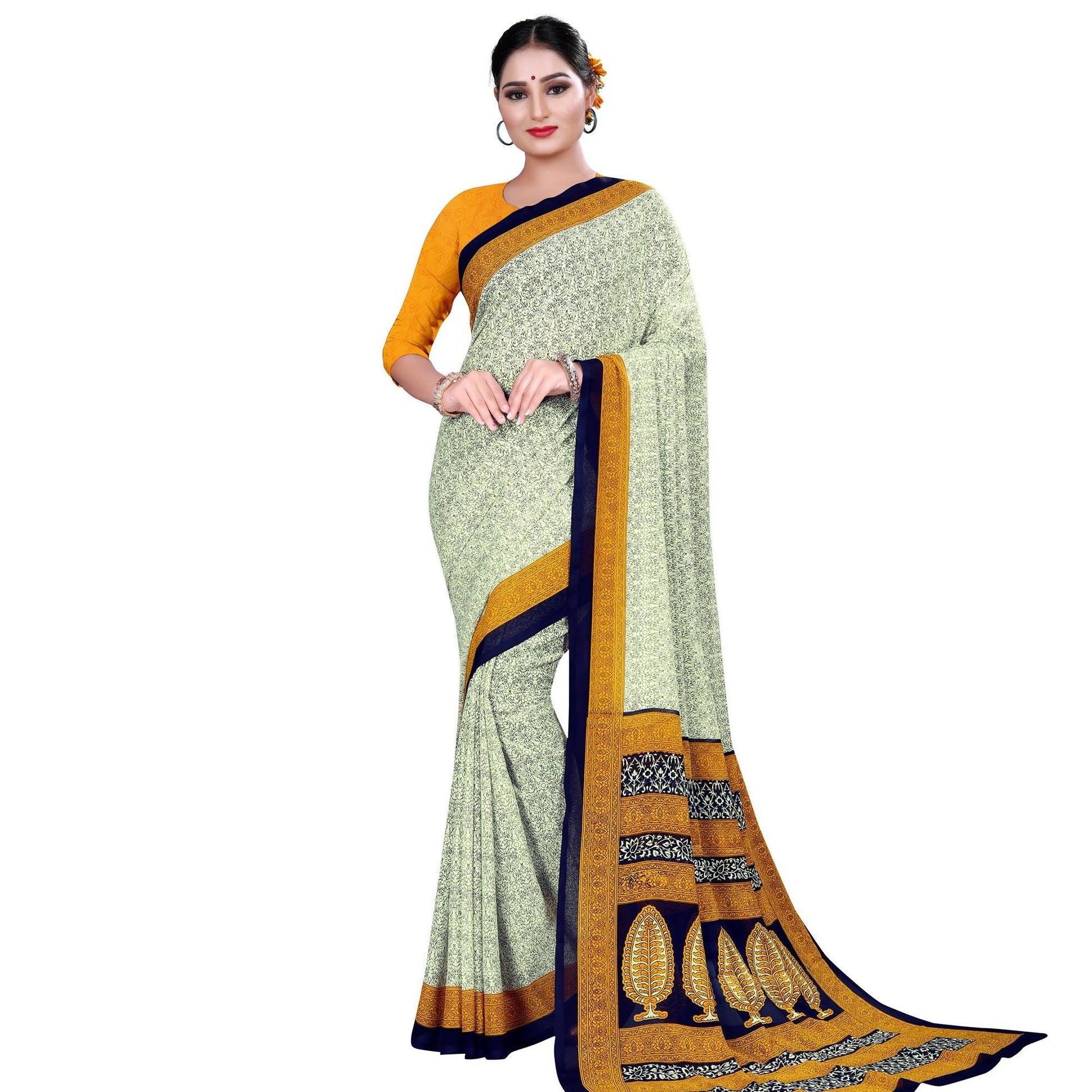 Elegant Pastel Green-Yellow Colored Casual Wear Printed Georgette Saree