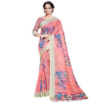 Elegant Peach Colored Casual Printed Pure Linen Saree