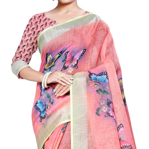 Elegant Peach Colored Casual Printed Pure Linen Saree