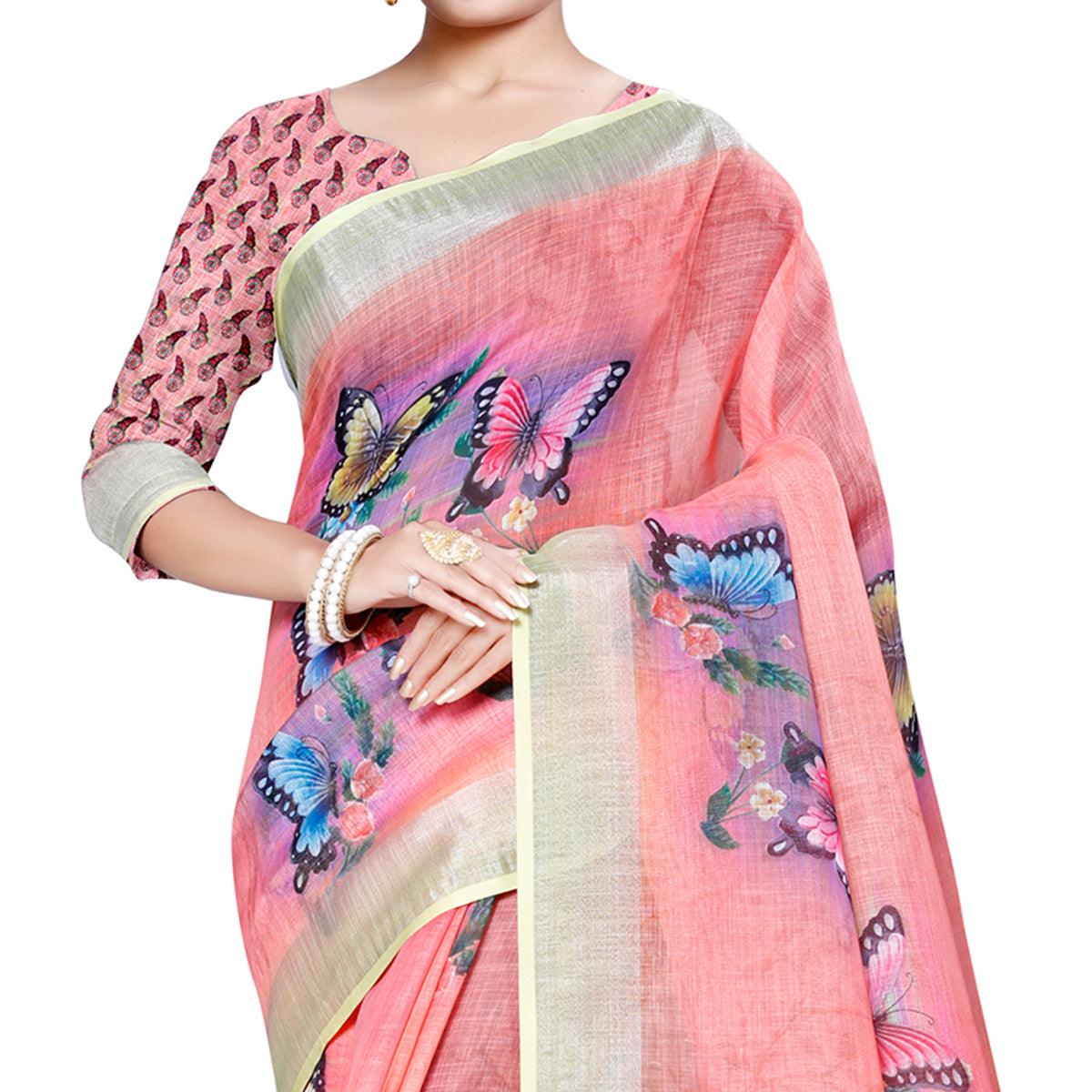 Elegant Peach Colored Casual Printed Pure Linen Saree