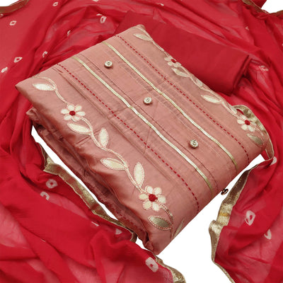 Elegant Peach Colored Festive Wear Embroidered Modal Silk Dress Material