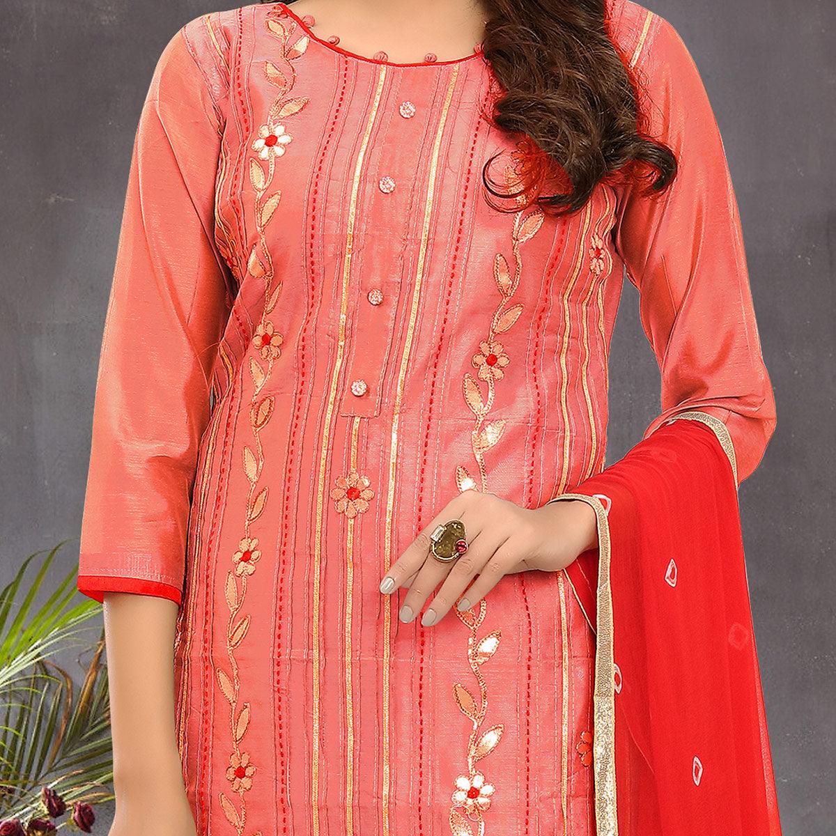 Elegant Peach Colored Festive Wear Embroidered Modal Silk Dress Material