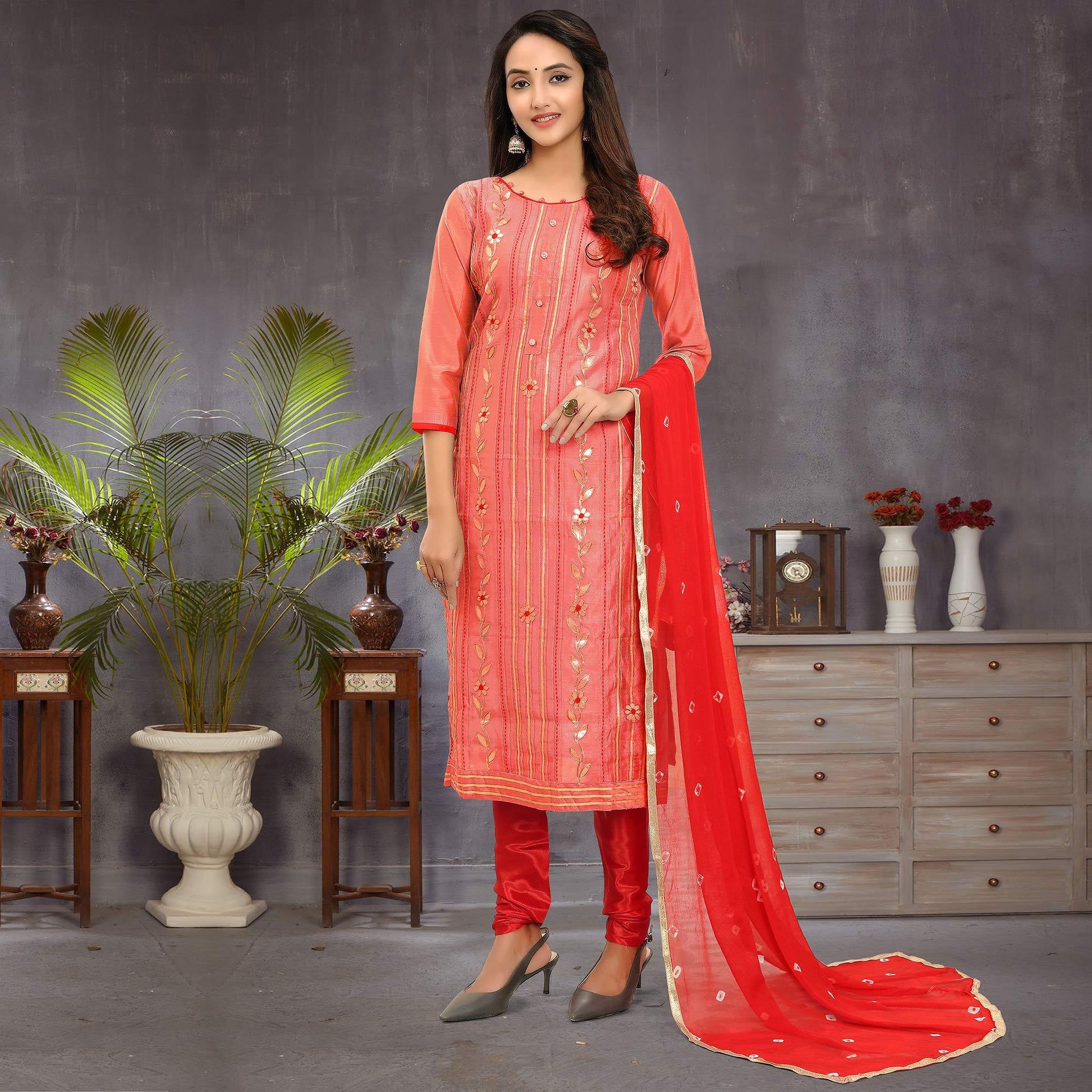 Elegant Peach Colored Festive Wear Embroidered Modal Silk Dress Material