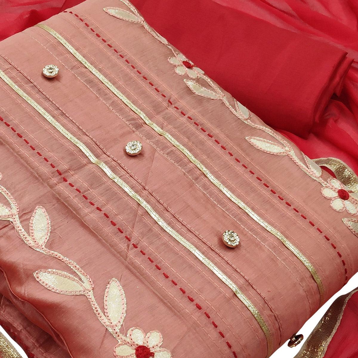 Elegant Peach Colored Festive Wear Embroidered Modal Silk Dress Material