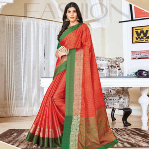 Elegant Peach Colored Festive Wear Woven Handloom Silk Saree