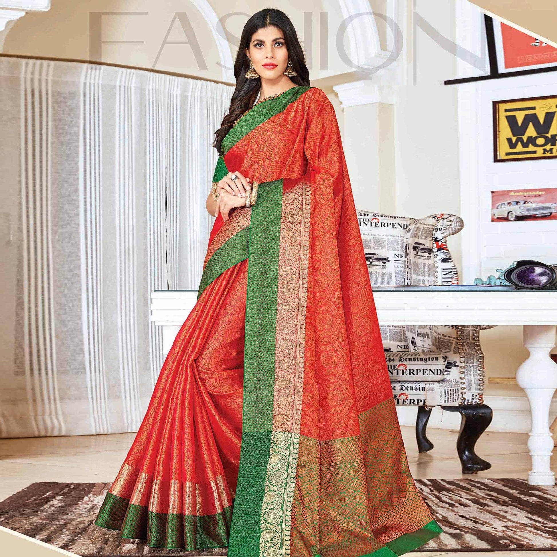 Elegant Peach Colored Festive Wear Woven Handloom Silk Saree