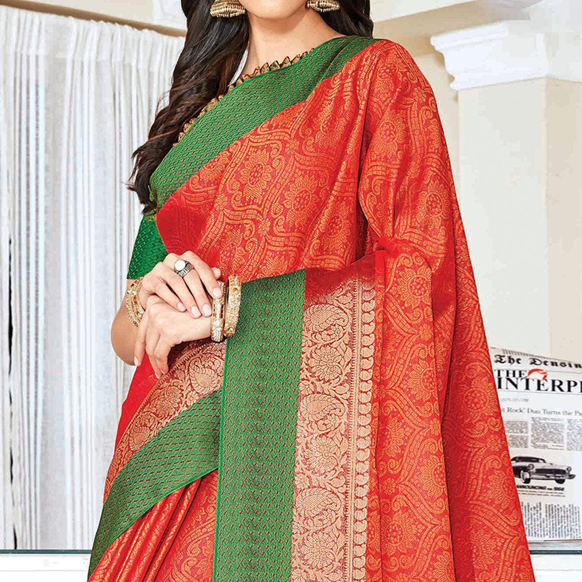 Elegant Peach Colored Festive Wear Woven Handloom Silk Saree