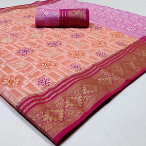 Elegant Peach Colored Festive Wear Woven Kota Silk Saree